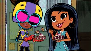Moon Girl and Devil Dinosaur season 2 screenshot featuring Moon Girl and another character eating cake